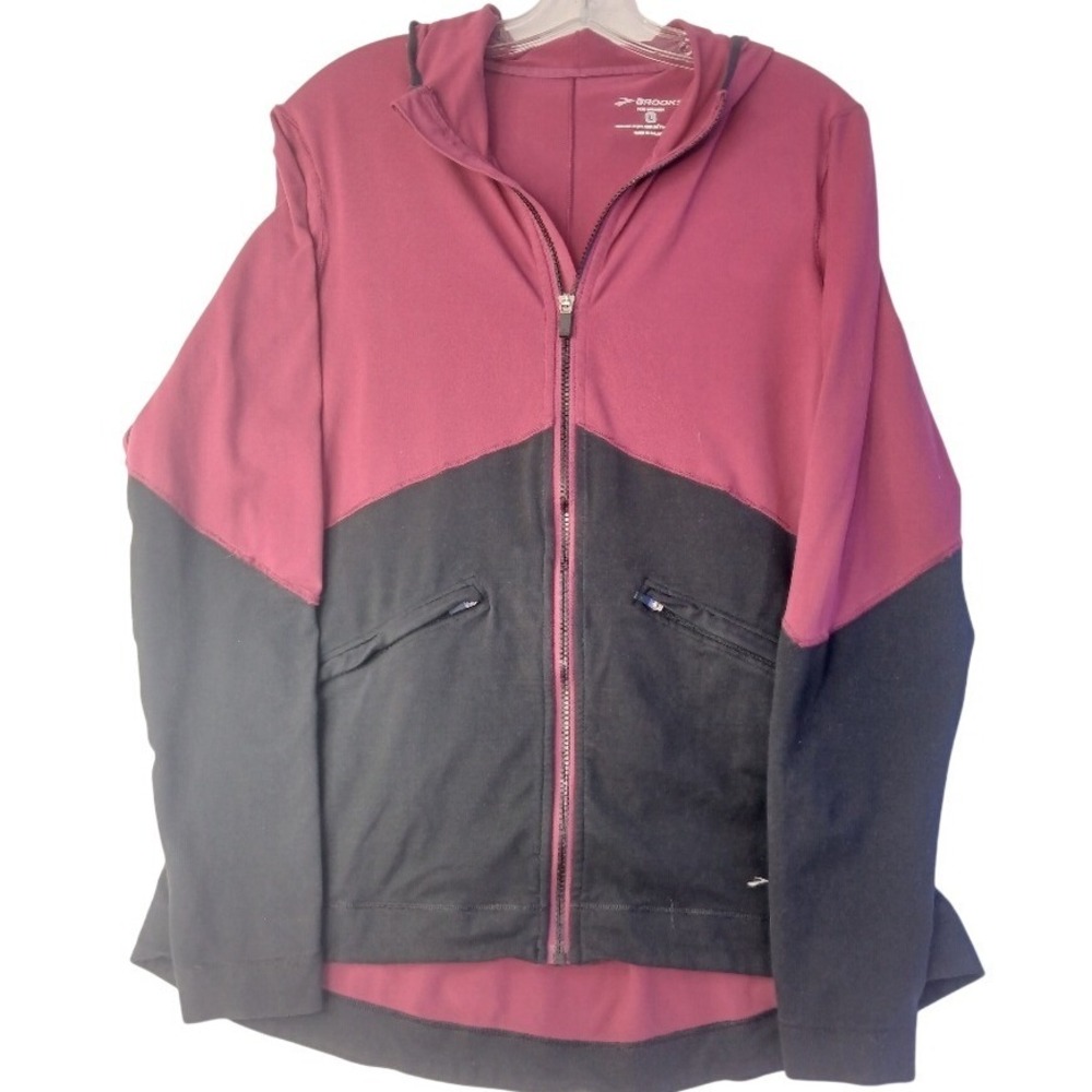 Brooks Hoodie Women Large Burgundy Black Full Zip Colorblock Equilibrium Running